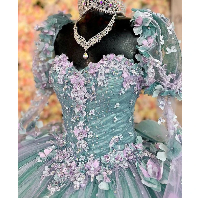 Customized Mint Blue Quinceanera Dresses 2024 Half Sleeve Ball Gown Appliques Beading Sweet 16 15 Vestidos De Fiesta YQD239