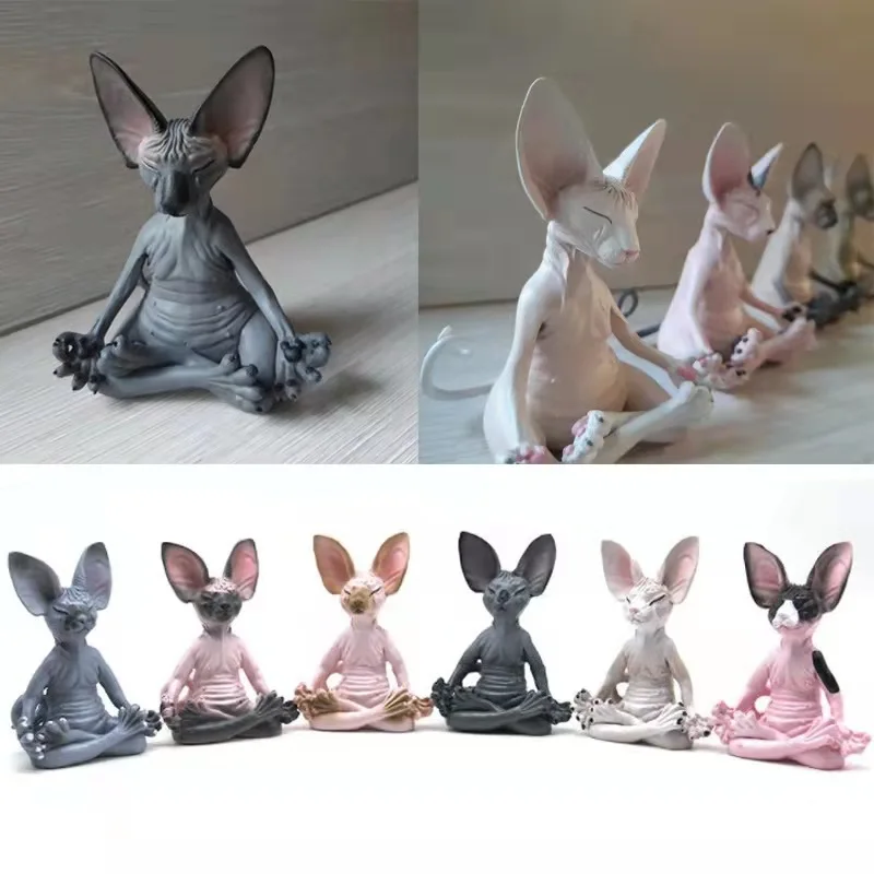 Meditation Yoga Happy Cat Whimsical Buddha Sphynx Cat Figurine Art Deco Sculpture Home Desktop Garden Statue Figurine Model Toys