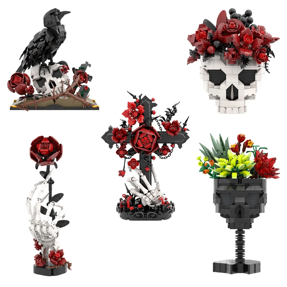 

MOC Skull Roses Bouquet Bricks Model Gothic Crow Skull Flowers Decorate Building Blocks Gothic Cross Assembly Toys Kids DIY Gift