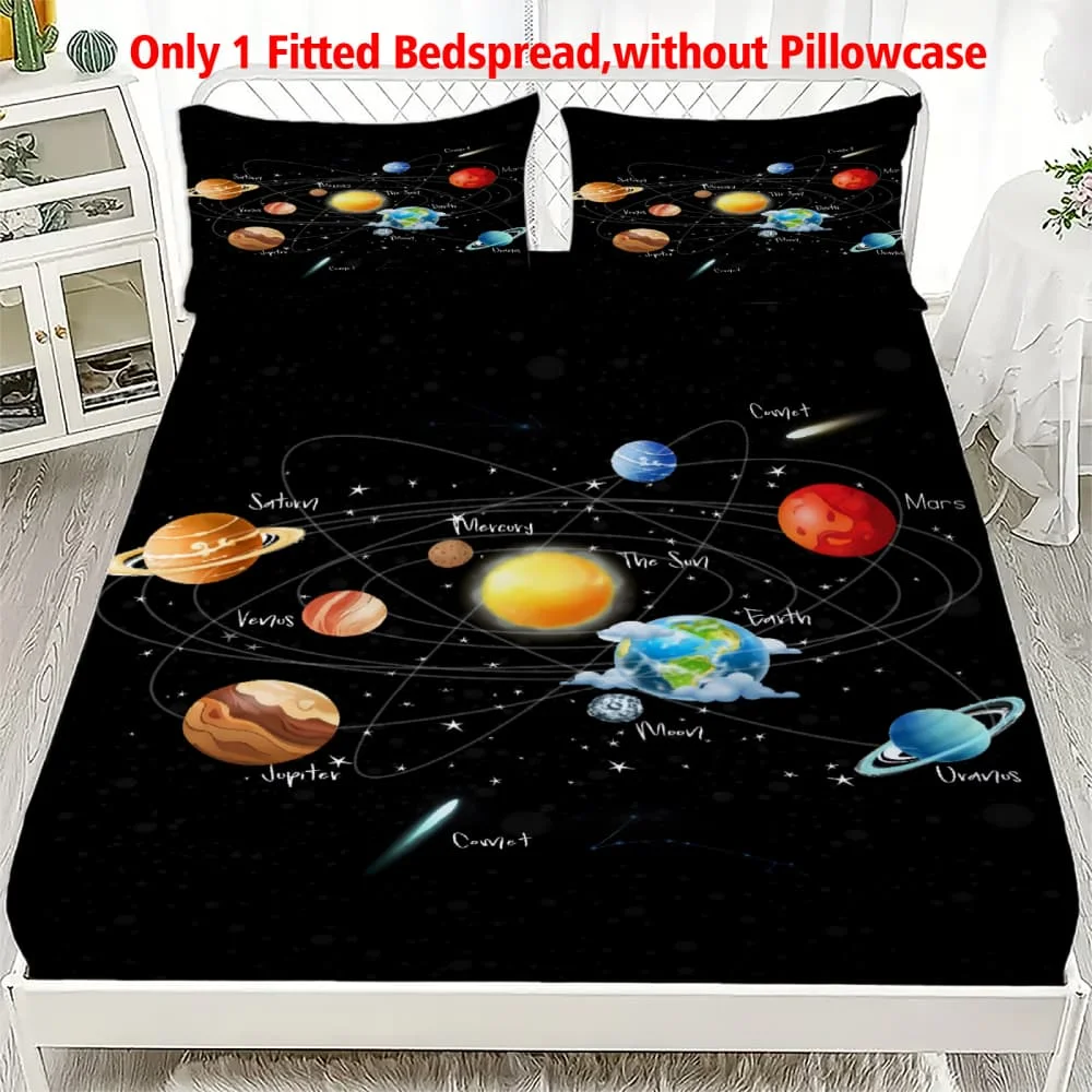 1pc Solar System Planet  Print Fitted Sheet Deep Pocket Elastic Mattress Cover Single Double Queen King Bedroom Decor