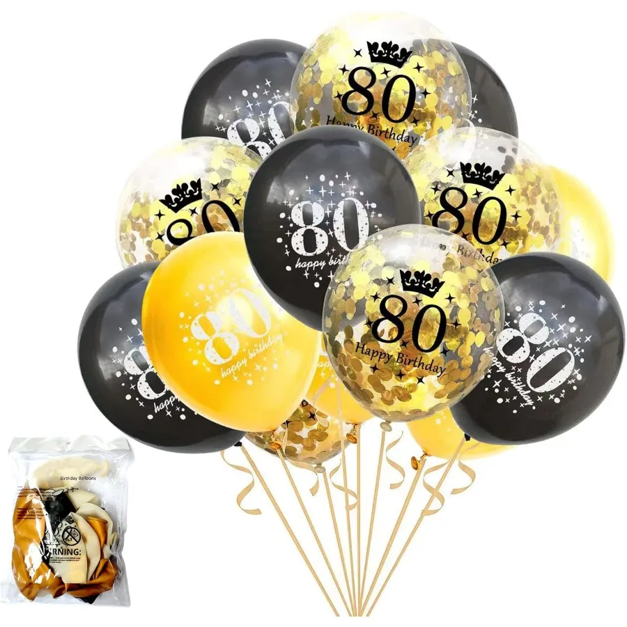 بالونات عيد الميلاد الثمانين باللونين الأسود والذهبي زينة حفلات أعياد الميلاد الثمانين للرجال والنساء بالونات قصاصات من اللاتكس لعمر 80 سنة