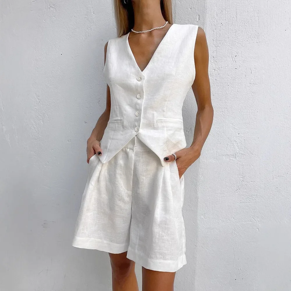 

Casual Sleeveless Single Breasted Cotton Linen Suit Women's Summer Button Tank Top Vest & Shorts Pants Two-piece Set