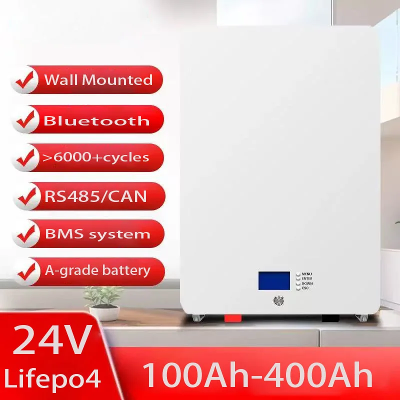 

6000+Cycles 2KW 3KW 5KW Wall Mounted 24V 100Ah 150Ah 200Ah 300Ah 400Ah Lifepo4 Battery for Solar PV Household Base Station