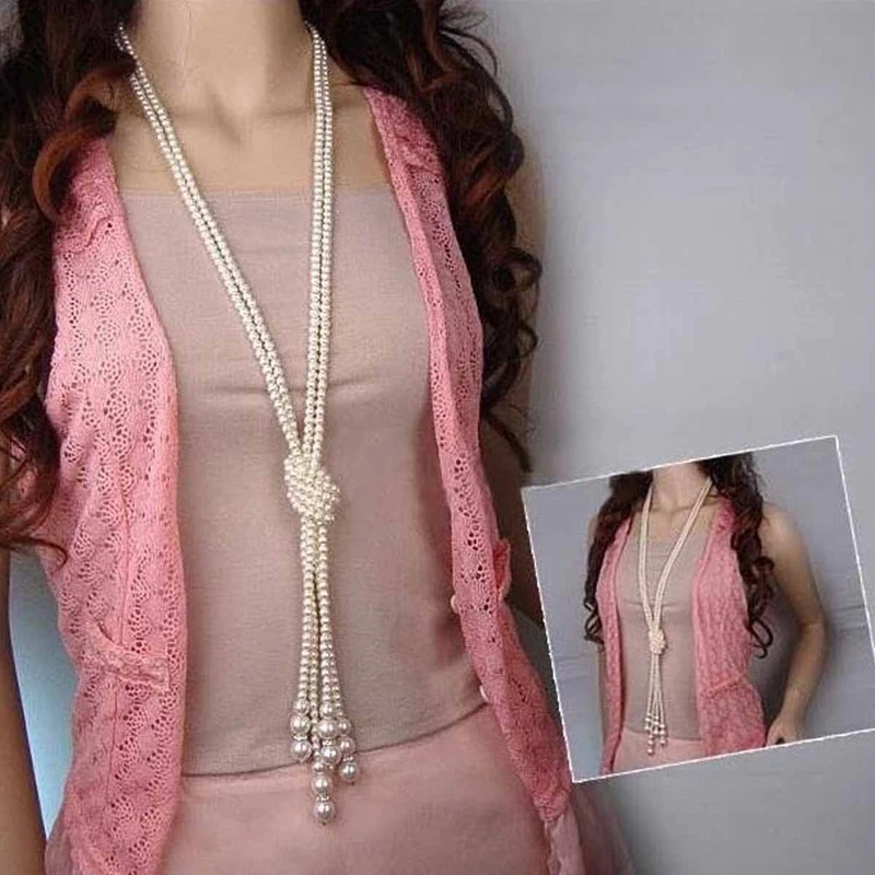 

Fashion White Bead Necklace Long Multi Layer Knotted Dress Sweater Chain Women's Faux Pearl Tassel Neck Chain
