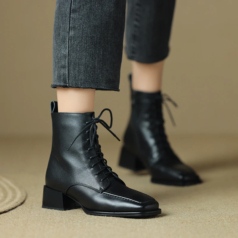 2023 Autumn New Genuine Leather Women Boots Retro Women Shoes Square Toe Chunky Heel Solid Chelsea Boots Winter Female Boots