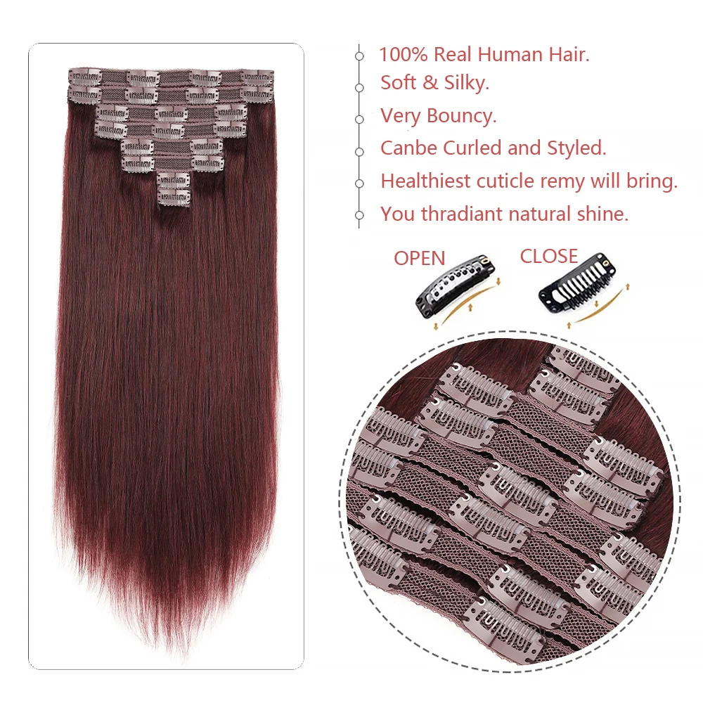 Clip de cabello 100% real en extensiones de cabello 8 piezas # Clip recto del cordón 99J en el cabello humano de las extensiones para el cabello con clip de las mujeres 12-22 pulgadas