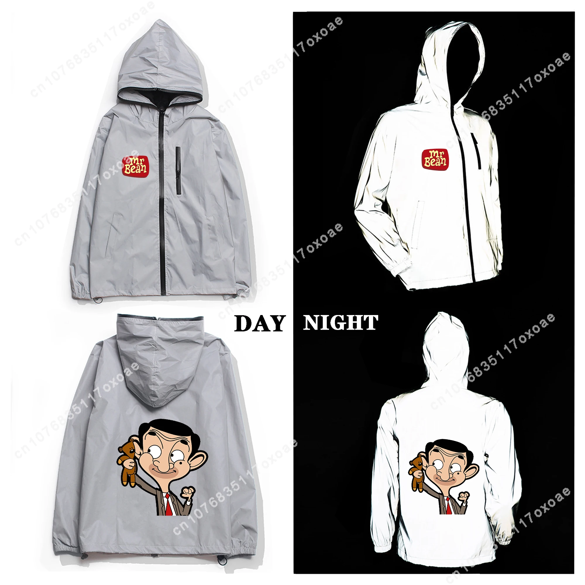 

M-Mr B-Bean Reflective Jacket Mens Womens Coat Hooded Windbreaker Pocket Jackets Anime Cartoon Manga Customization Hoodie