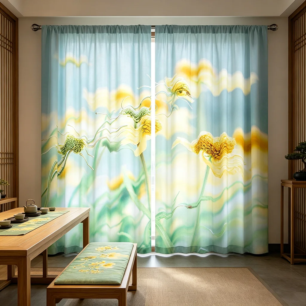 2PCS Curtains, Light Teal, Watercolor Yellow Floral Pattern, for Bedroom, Living Room, Rod Pocket Style