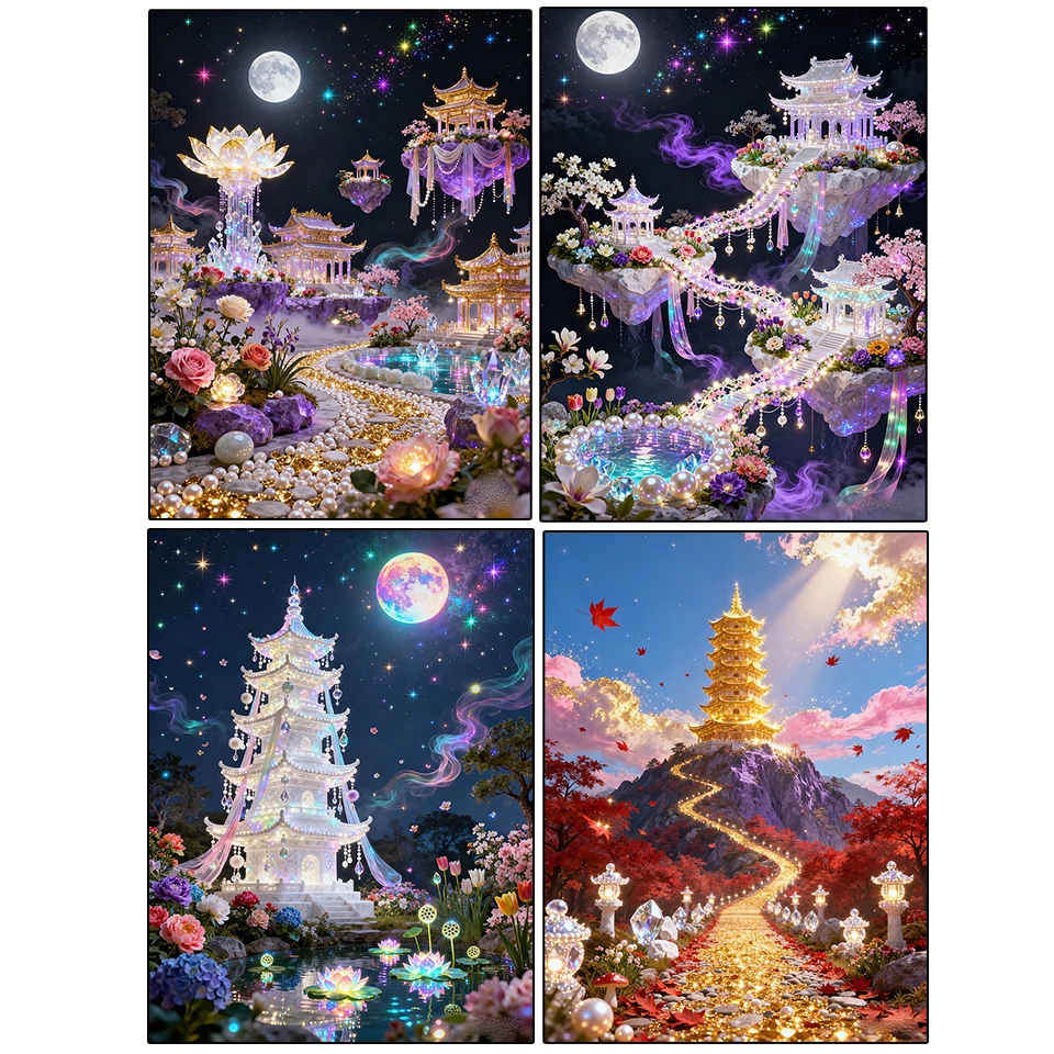 

New Diamond Painting 5DDIY Dreamy Jewelry Tower Moon Landscape Full Mosaic Embroidery Kit Rhinestone Image Decoration