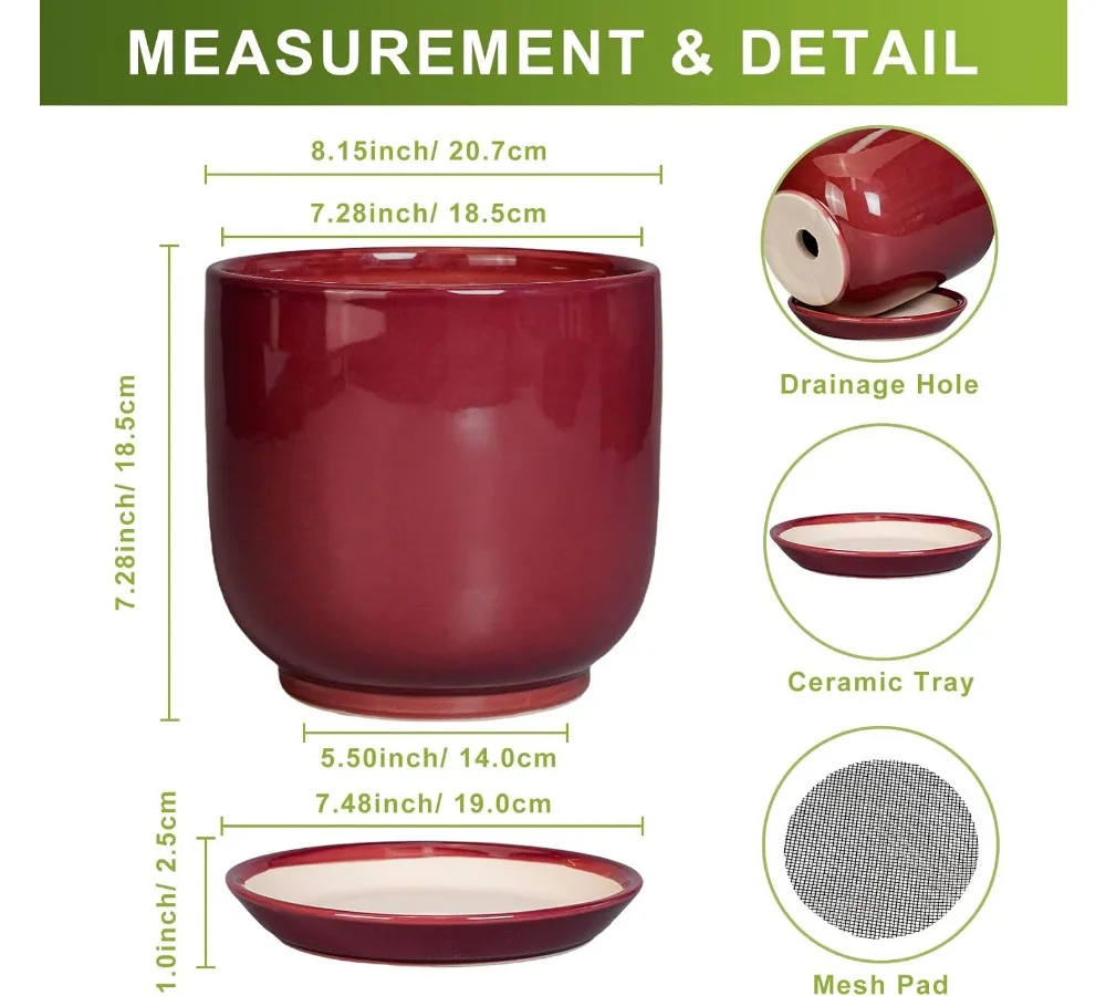 أصيص زهور سيراميك حديث مقاس 8 بوصة مع فتحة تصريف وصحن، حاوية نباتات داخلية وخارجية لديكور المنزل والأعشاب العصارية