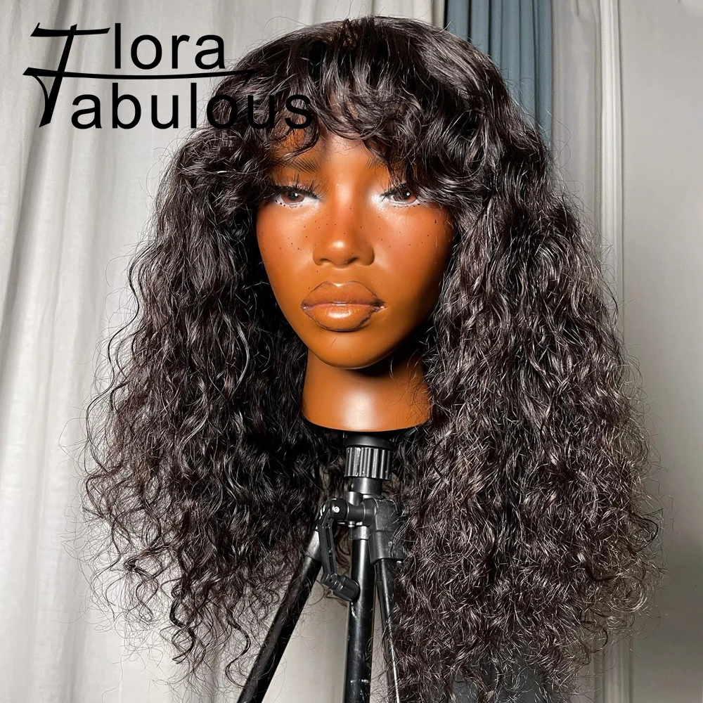 Глубокий вьющийся парик из человеческих волос с челкой, плотность 180%, машинное производство, бесклеевой парик, без кружева, волнистые парики для чернокожих женщин, 22 дюйма