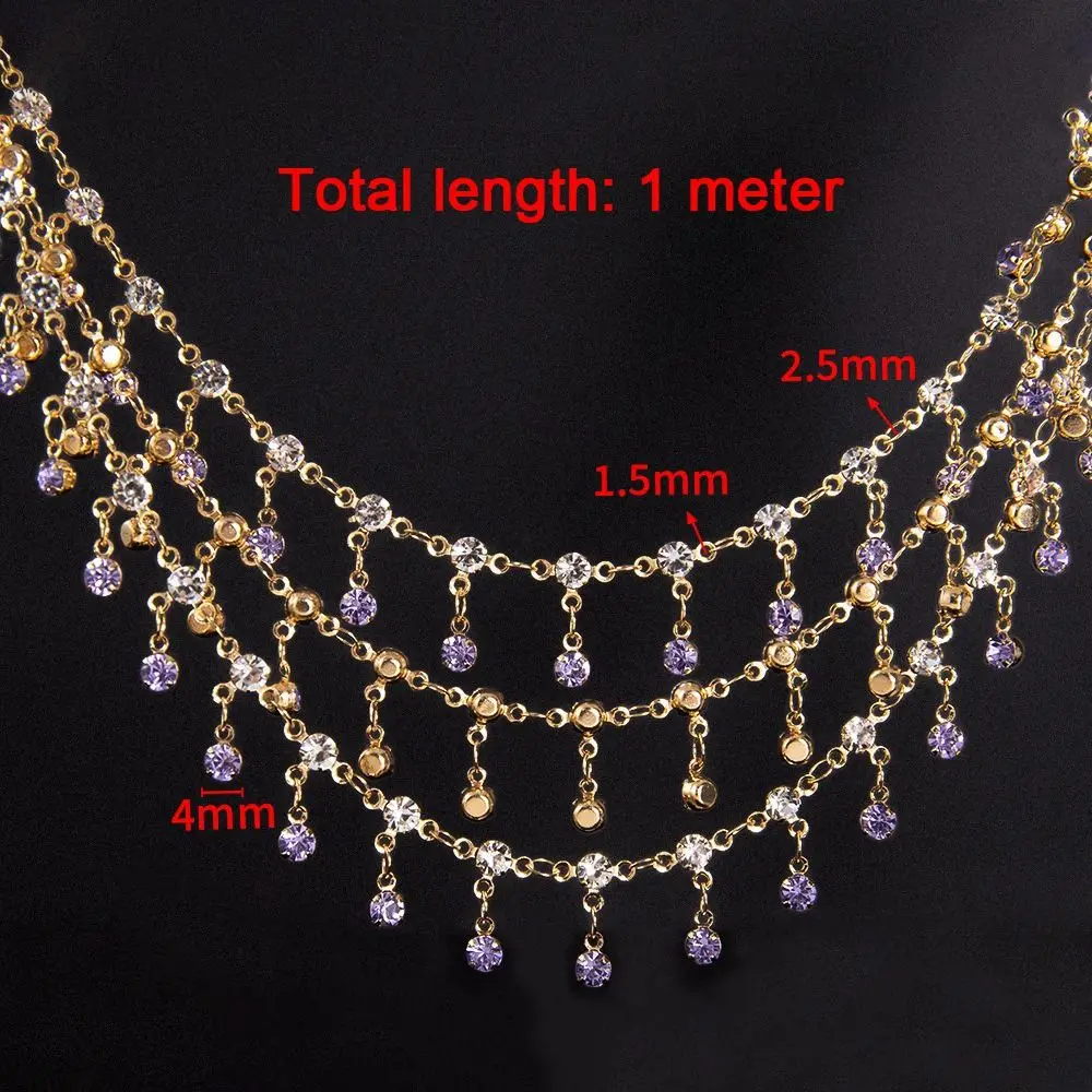 Chaîne en strass de 1 mètre de long, forme de goutte d'eau, style antique, chaîne en zircon, cristal de verre, chaîne de bijoux faite à la main, bijoux pour filles