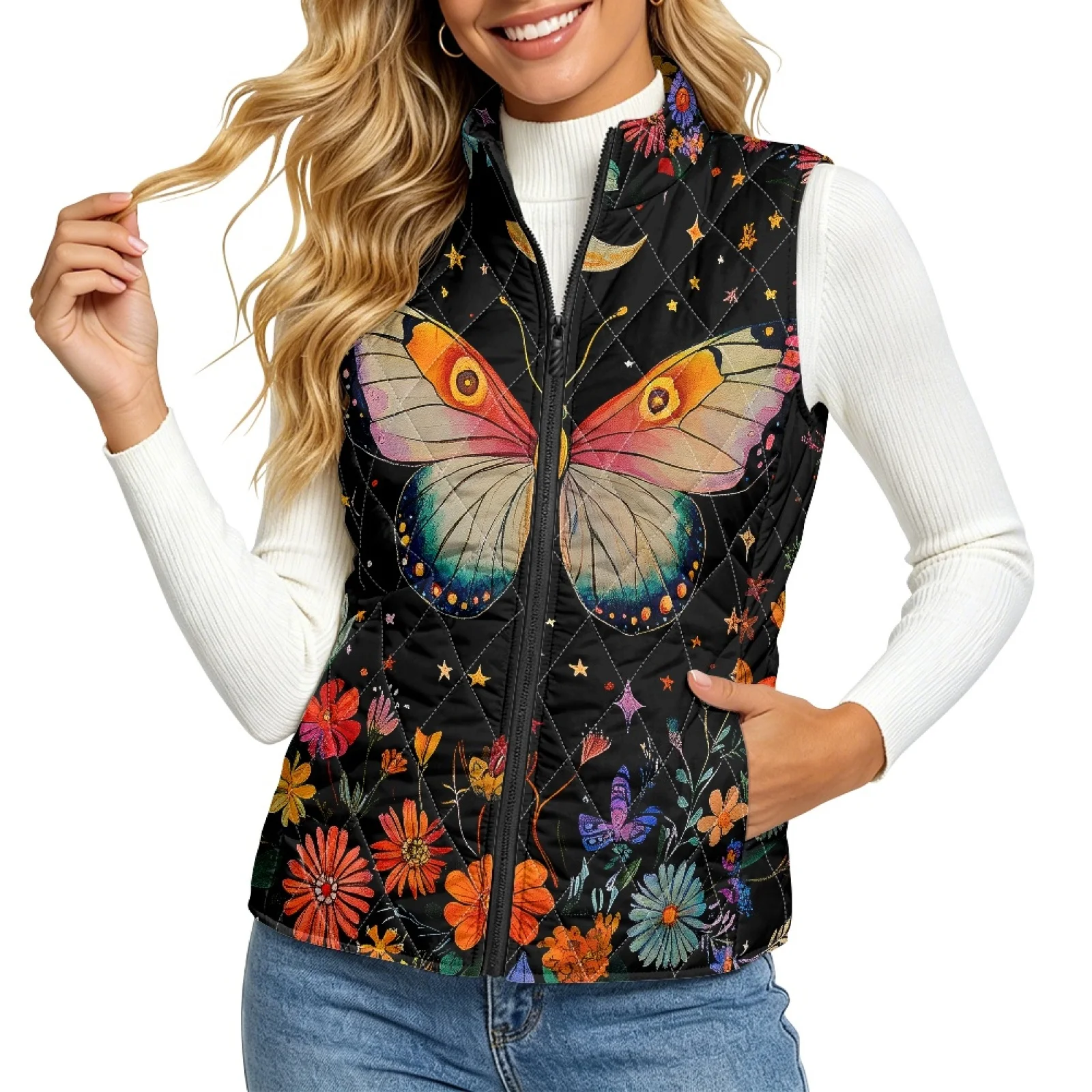 PENSTROLL Butterfly Moon Outerwear Zip up Quilted Jacket Vest for Women Outdoor Activity Vest Women for Spring Daily Wear