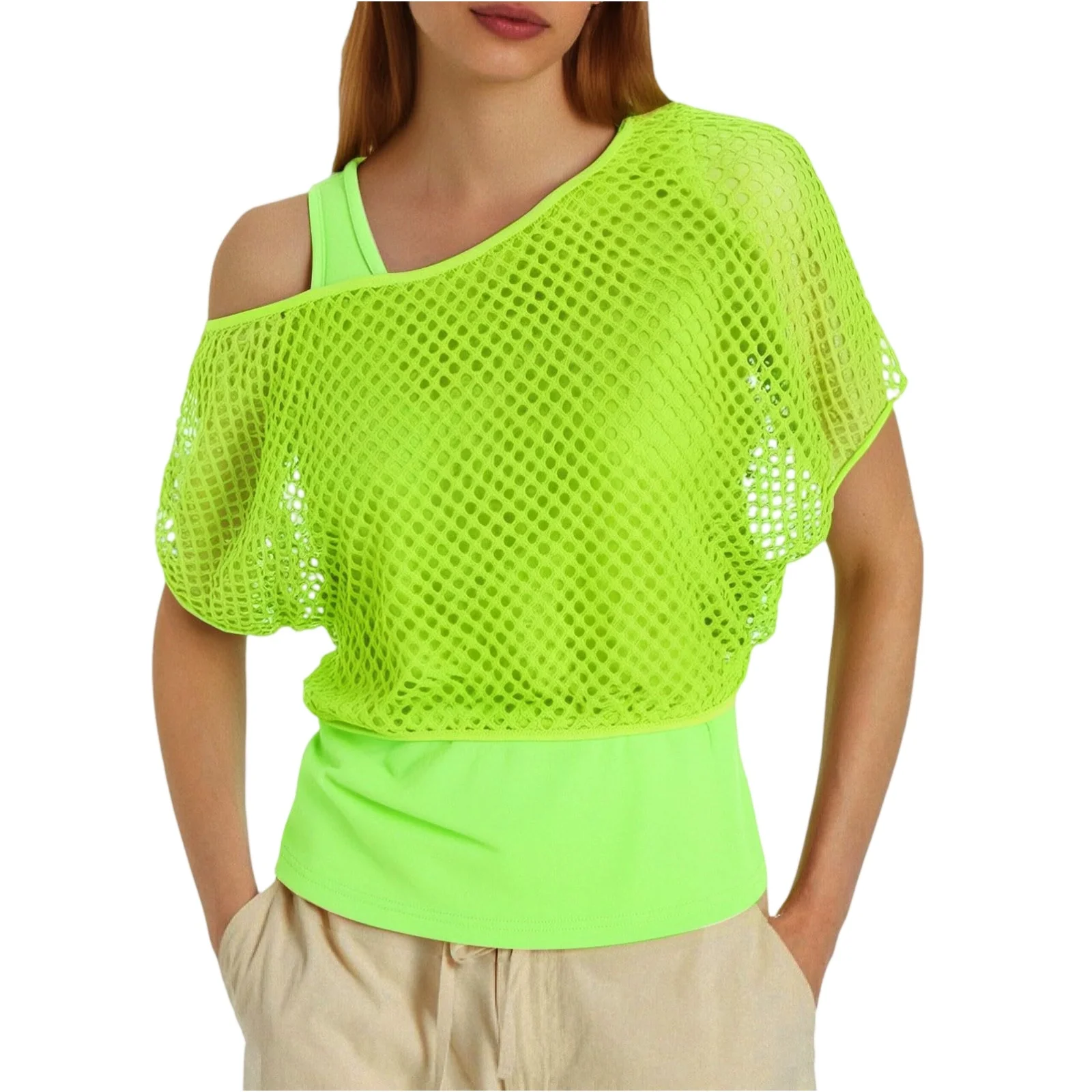 Women's New Hot Sexy Fashion Neon Vacation Tank Top and Fishnet Off-Shoulder T-Shirt Chic Summer Casual Two-Piece Set