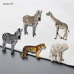 1 Piece Iron on Patch Embroidery Tiger, Elephant, Giraffe Cartoon Animal Stickers for Clothing DIY Decoration Accessories