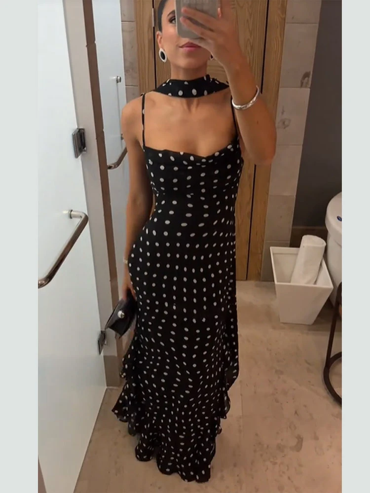 

Womens Polka Dot Ruffle Dress Scarf Collar Sexy Off-shoulder Backless Bodycon Sling Long Dresses 2026 Lady Vacation Party Gown