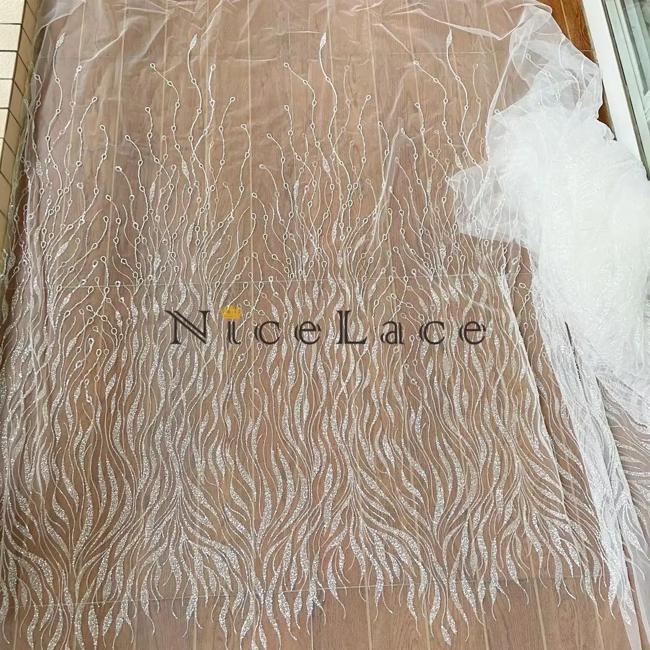 

1Yard 2022 Nicelace Amazing Design Embroidered Lace Fabric With Soft Tulle Beads And Sequins For Bride Wedding Gowns Width 130CM