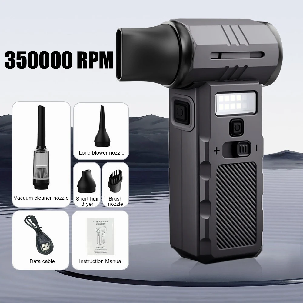 

350000rpm Mini Turbo Jet Fan with Live Display High and Low Beam Lights Brushless MotorAdjustable Wind Speed Handhel Duct Fan