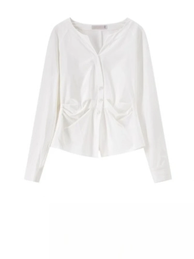 SENTUBILA Women's Round V-Neck Shirt Autumn 2025 New Elegant Commuter Pinch Pleated Design Slim Long-Sleeved Top 153CB3058