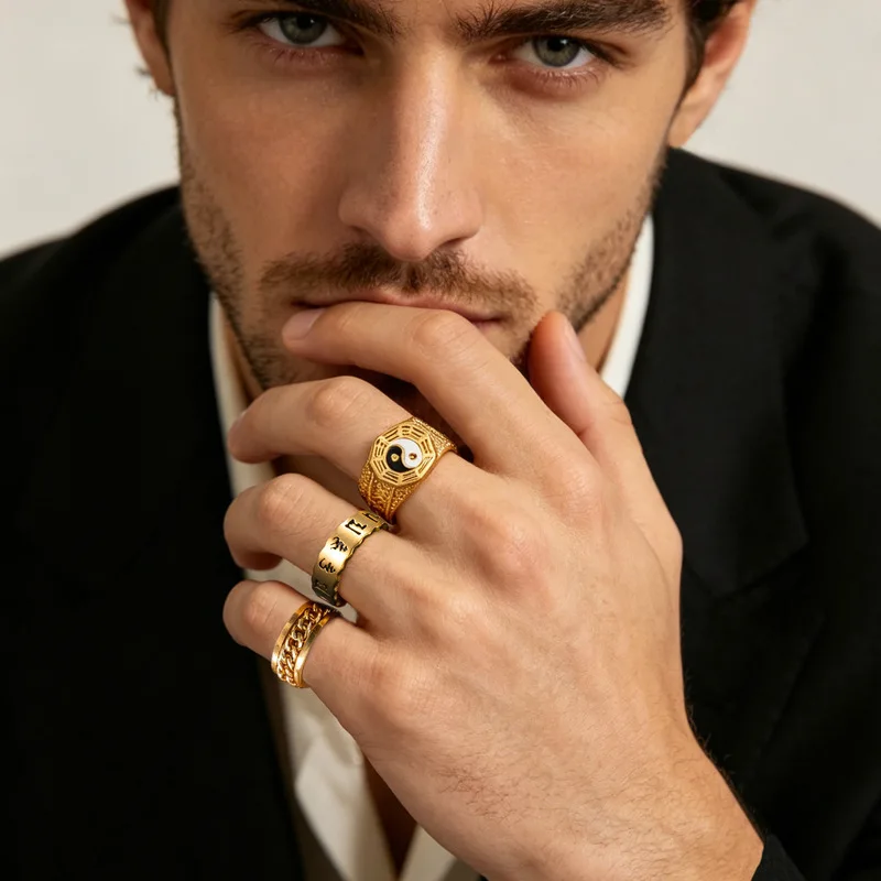 Gold Stainless Steel Men Ring Set, Tai‑Chi & Tibetan Script Engraved Band, Oriental Retro Religious Finger Ornament For Male