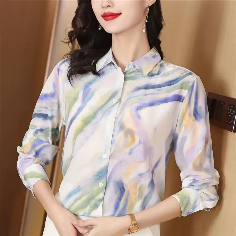 

Unique Women Clothing New Shirt Romantic Gentle Top Mulberry Washed Silk Long Sleeve Blouse