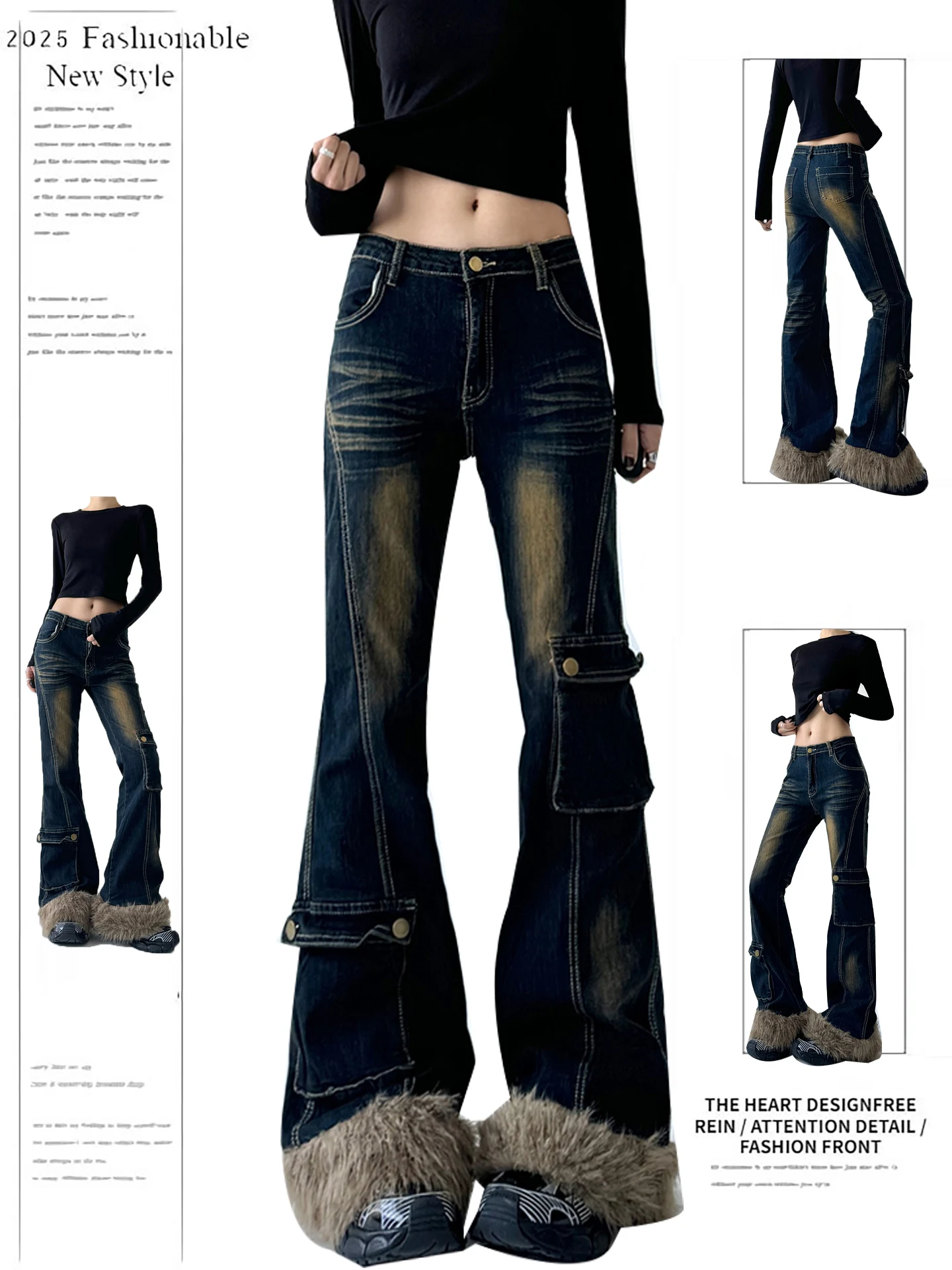

Retro American High Street Waed Faux Leather Bell Bot Jeans Women Spicy Girl Long Pants Fall Design Casual Wear