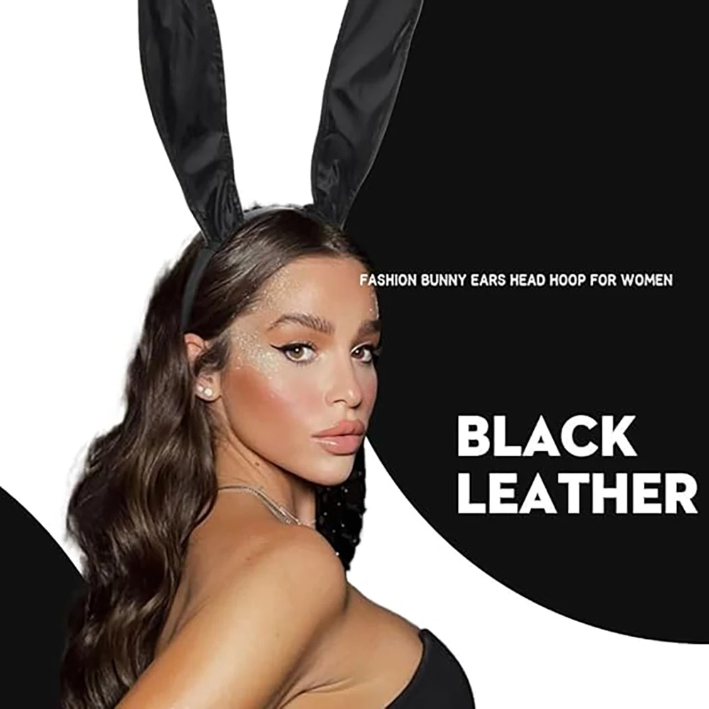 Black leather long rabbit ear headband sexy rabbit ear headband suitable for makeup parties, nightclubs, carnivals