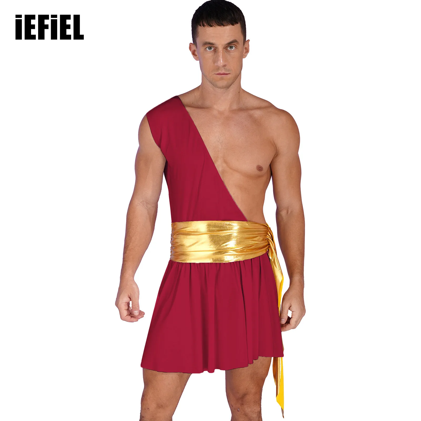 

Mens Ancient Greek Cosplay Ruffle Dress One Shoulder Metallic Ruched Belted Dresses Outfit Halloween Stage Performance Costume