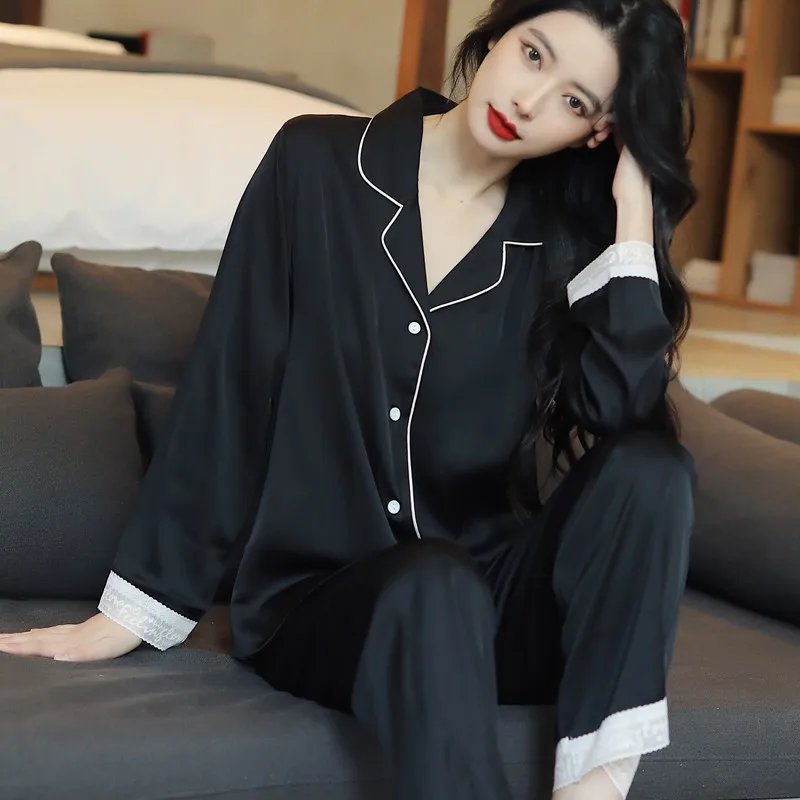 

Spring/Summer New Sexy and Noble Lace Long sleeved Silk Pajamas Women's Cardigan Ice Silk Home Fury Set