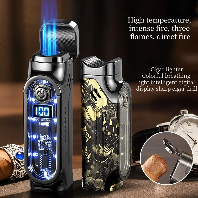 

Металлическая цветная светлая трехпламенная газовая зажигалка с резаком для сигар Type-c, зарядка, интеллектуальный цифровой дисплей, высококачественная зажигалка