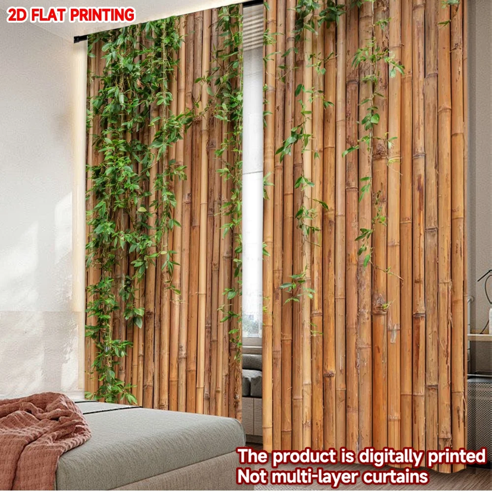 2pcs Bamboo Texture Curtains 2D Flat Digital Printing, Natural Wood Grain with Green Leaf Pattern for Living Room Bedroom Decor