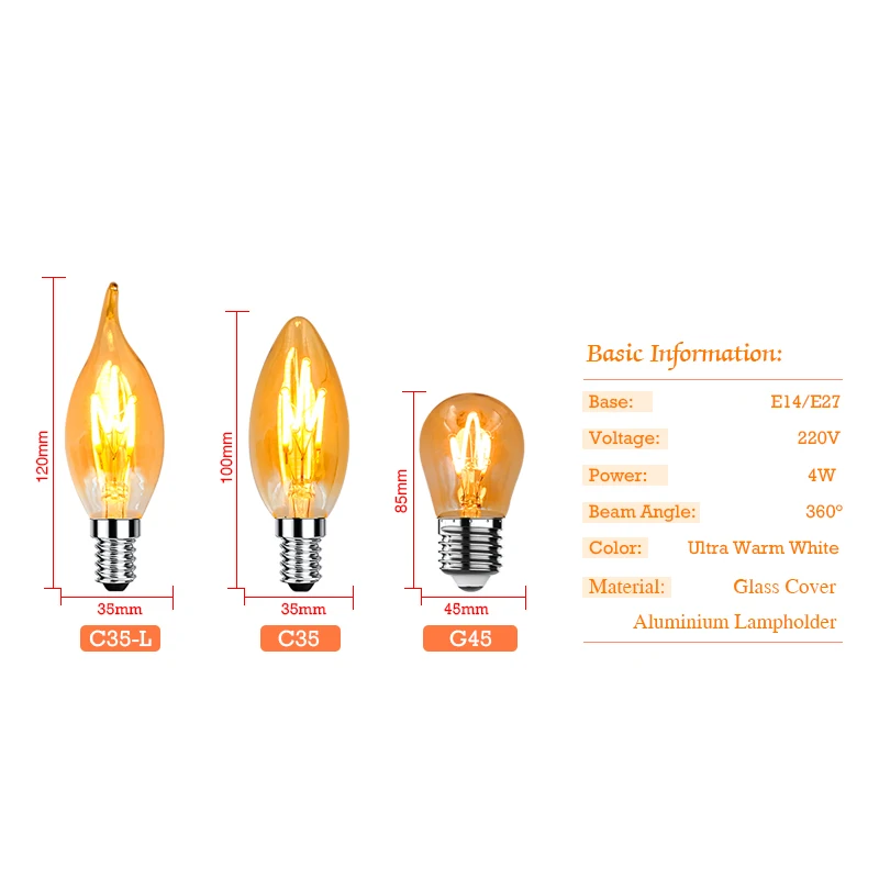 الرجعية اديسون LED دوامة خيوط لمبة ، خمر ضوء شمعة ، الزجاج لمبة ، E27 ، E14 ، 220 فولت ، 4 واط ، A60 ، C35 ، ST64 ، T225 ، G45 ، G80 ، G95 ، G125