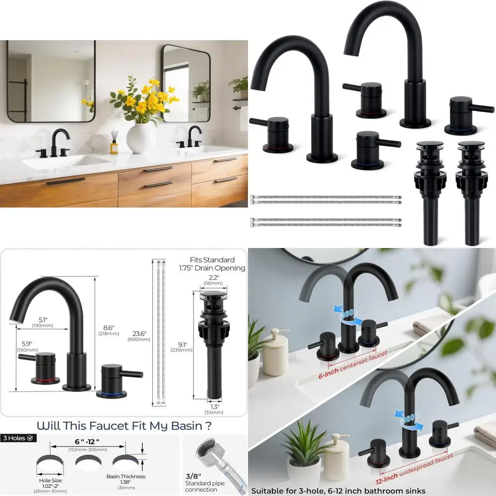 

Matte Black 2-Handle 8 Widespread Sink Faucet with 360° Swivel Spout and Pop-Up Drain, Includes 2 Hoses