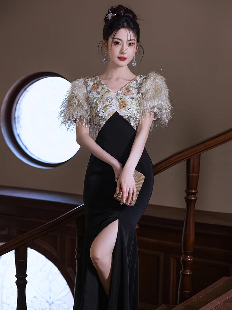 

Ele Evening Gown Women's High Slit Fi Tail Dr Luxury Annual Conference Host Bla Advanced Sense Korean Sle Zipper