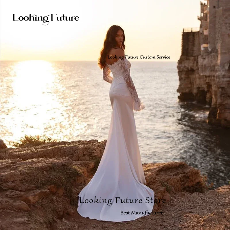 Robes de mariée sirène de plage en Satin, simples, épaules dénudées, dentelle plissée, manches longues, modernes, sans bretelles, dos ouvert