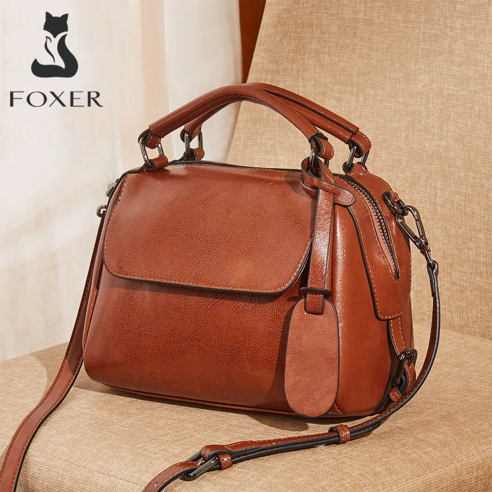 

FOXER Brand Lady's Handbag Split Leather Women's Shoulder Bag Large Capacity Retro Female Crossbody Bag Purse