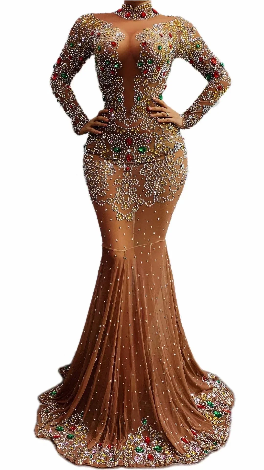 Abito sexy lungo marrone con strass brillanti per le donne, banchetto serale, abbigliamento, festival, sala da ballo, costumi da intrattenimento