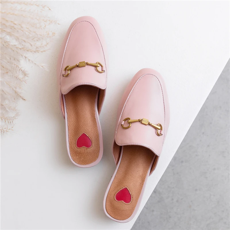 Big Size 34-43 New Genuine Leather Shoes Women Mules Fashion Summer Ladies Shoes Black Ladies Office Dress Shoes Flat Slippers