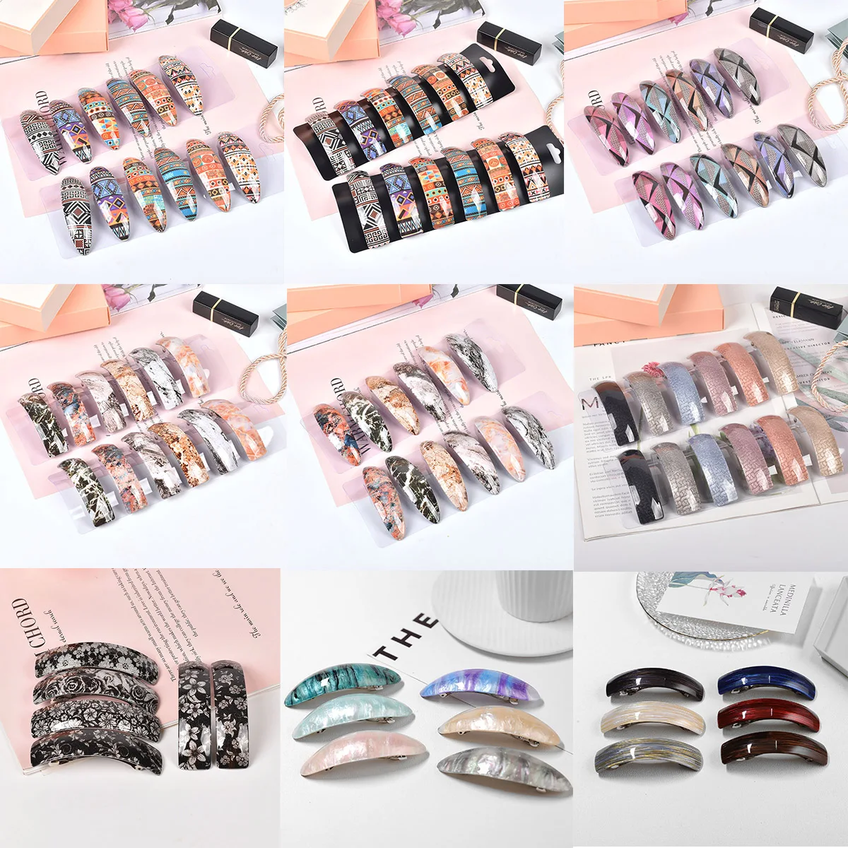 New Fashion 12 Pieces/Pack Glitter Retro Large Hair Barrettes Rectangular French Automatic Acrylic Hair Clips for Women