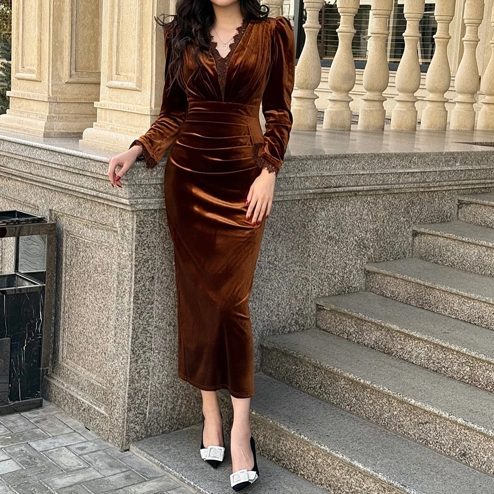 فساتين سهرة مستقيمة مخصصة بطول الشاي ورقبة على شكل حرف V وأكمام طويلة فستان حفلات بسيط من الدانتل بطيات كاجوال للحفلات #4