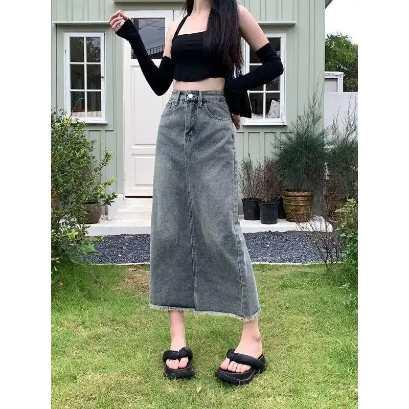 

Юбка А-силуэта с высокой талией, женская повседневная джинсовая юбка с разрезом для весны и осени, модная женская юбка средней длины