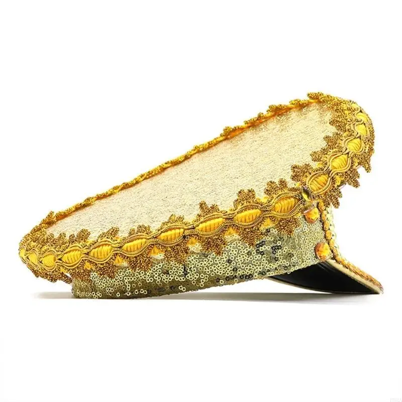 P88A Gold Captain Cap for Wedding Fashion Wide Brim Hat Carnival Party Hat Women Bride Fedora Hat Role Play Hat