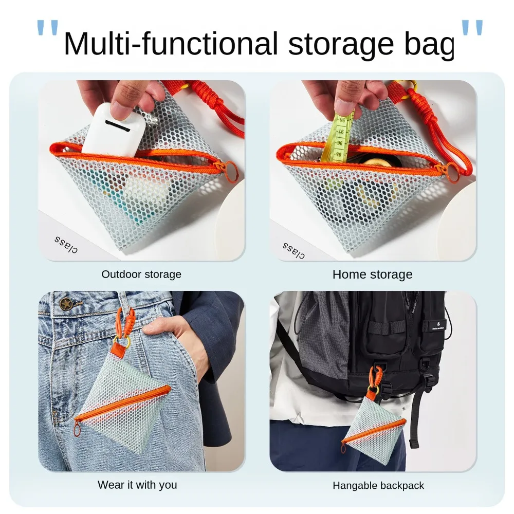 Creative Kawaii Clear Mesh Bag Portable Dopamine Color Lipstick Cosmetic Bag Small Item Bag Rope Design Mini Coin Purse Children