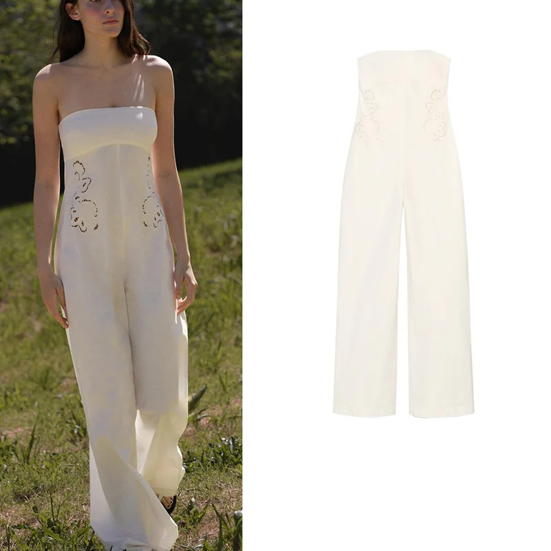

Summer Women's Embroidered Decorative Straight Collar oulder Bared Long Wide Leg Jumpsuit High Waist Long Pants Polyester F...