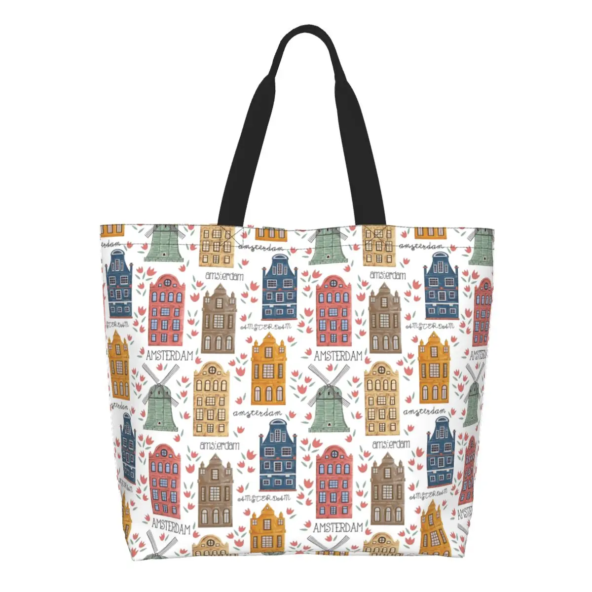 Amsterdam Seamless Pattern With Old Historic Buildings Shopping Tote Bag Canvas Shoulder Bags Shopper Grocery Handbag for Women
