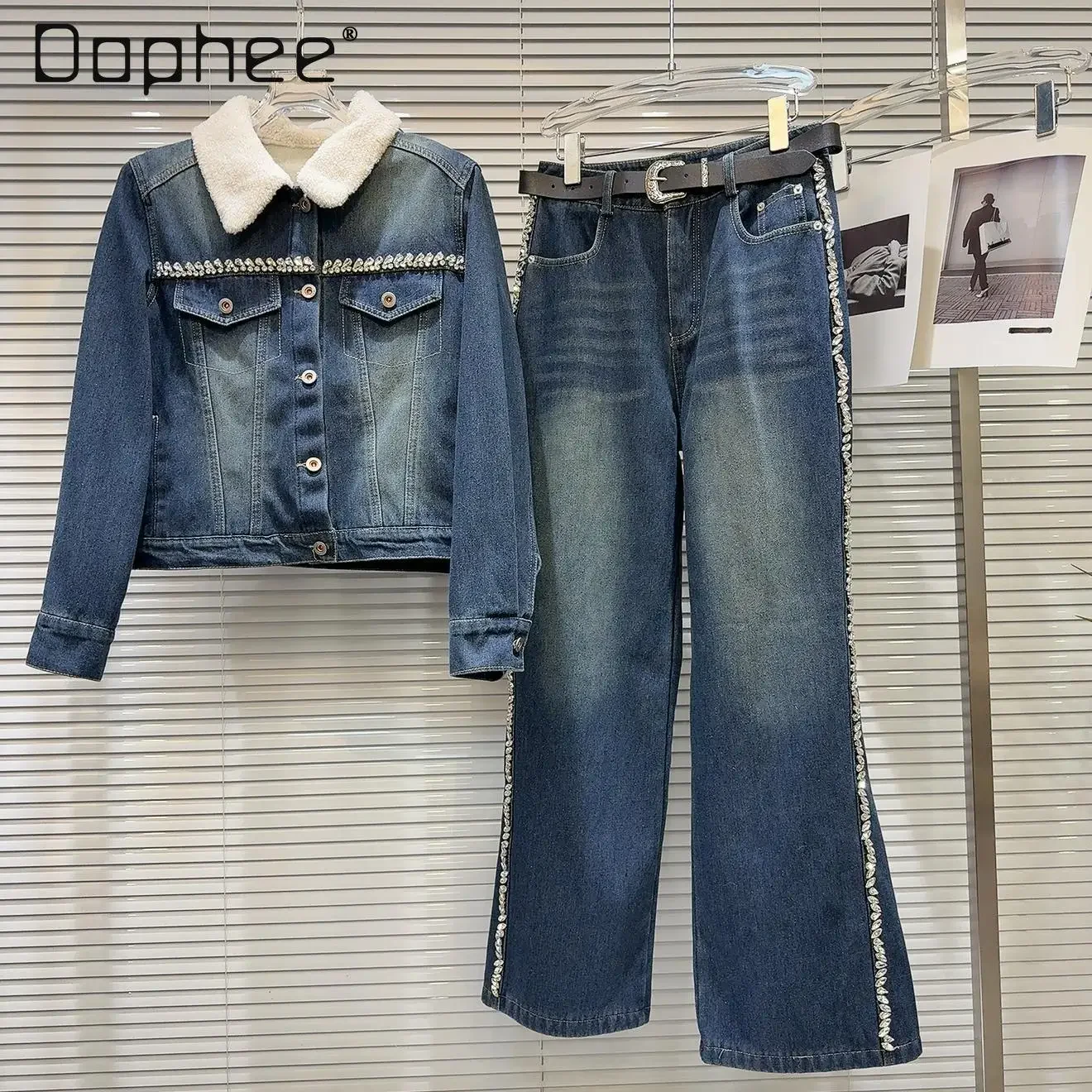 

Street Fashion Diamonds Denim 2 Piece Sets Women Lapel Single-breasted Short Jacket + Loose Wide Leg Pants Casual Vintage