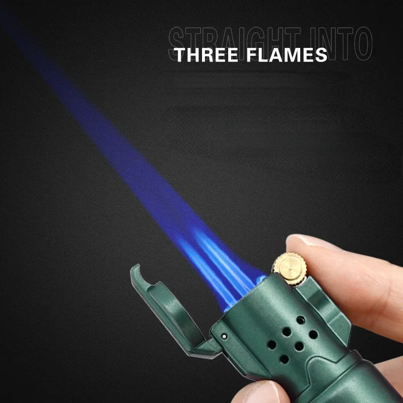 Three Straight Punch Sand Wheel Butane Inflatable Lighter Metal Visual Gas Chamber Windproof Cigarette Lighter Wholesale
