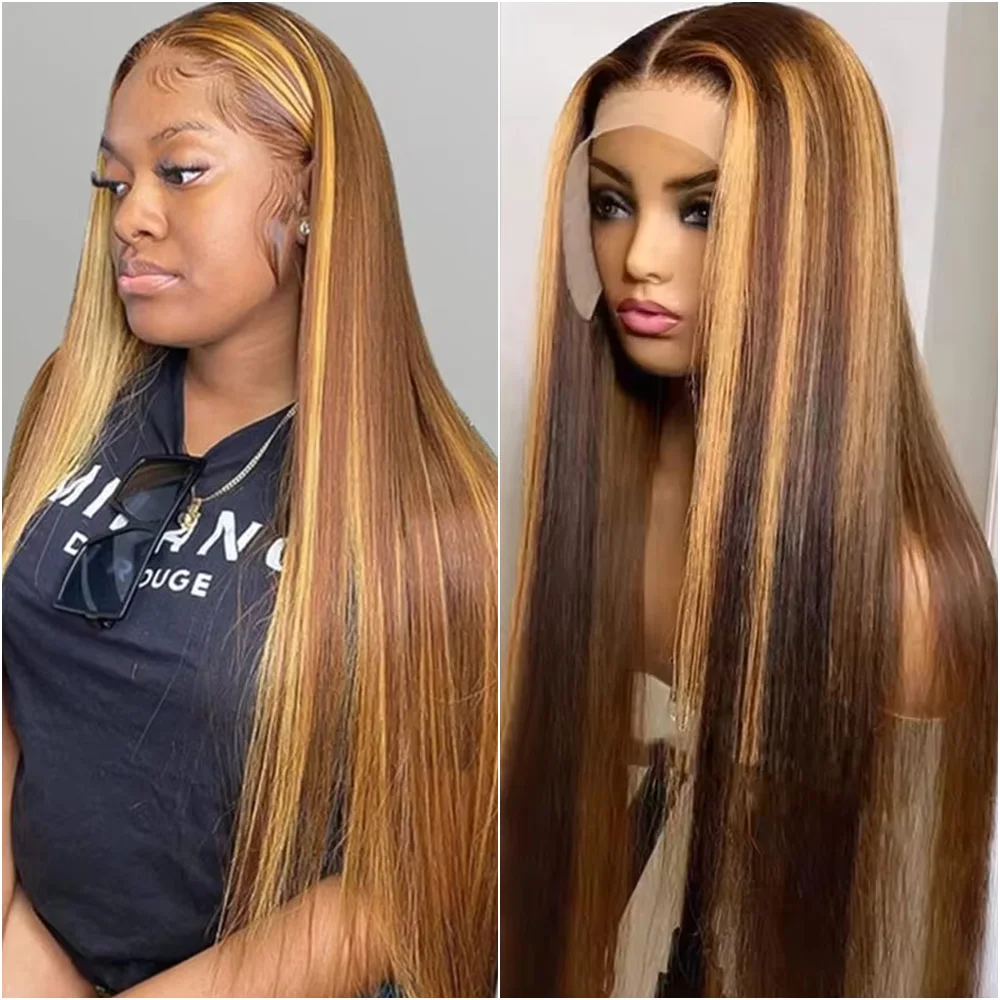

32 36 Inch Highlight P4/27 Colored Straight Lace Front Wig 13x4 13x6 HD Transparent Lace Frontal Human Hair Wigs Brazilian