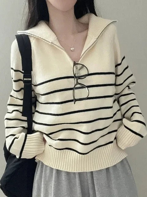 

Korean Sle Striped High Collar f Zip Knitted Sweater Coat Women's Faion Outerwear Autumn New Arrival Casual Top