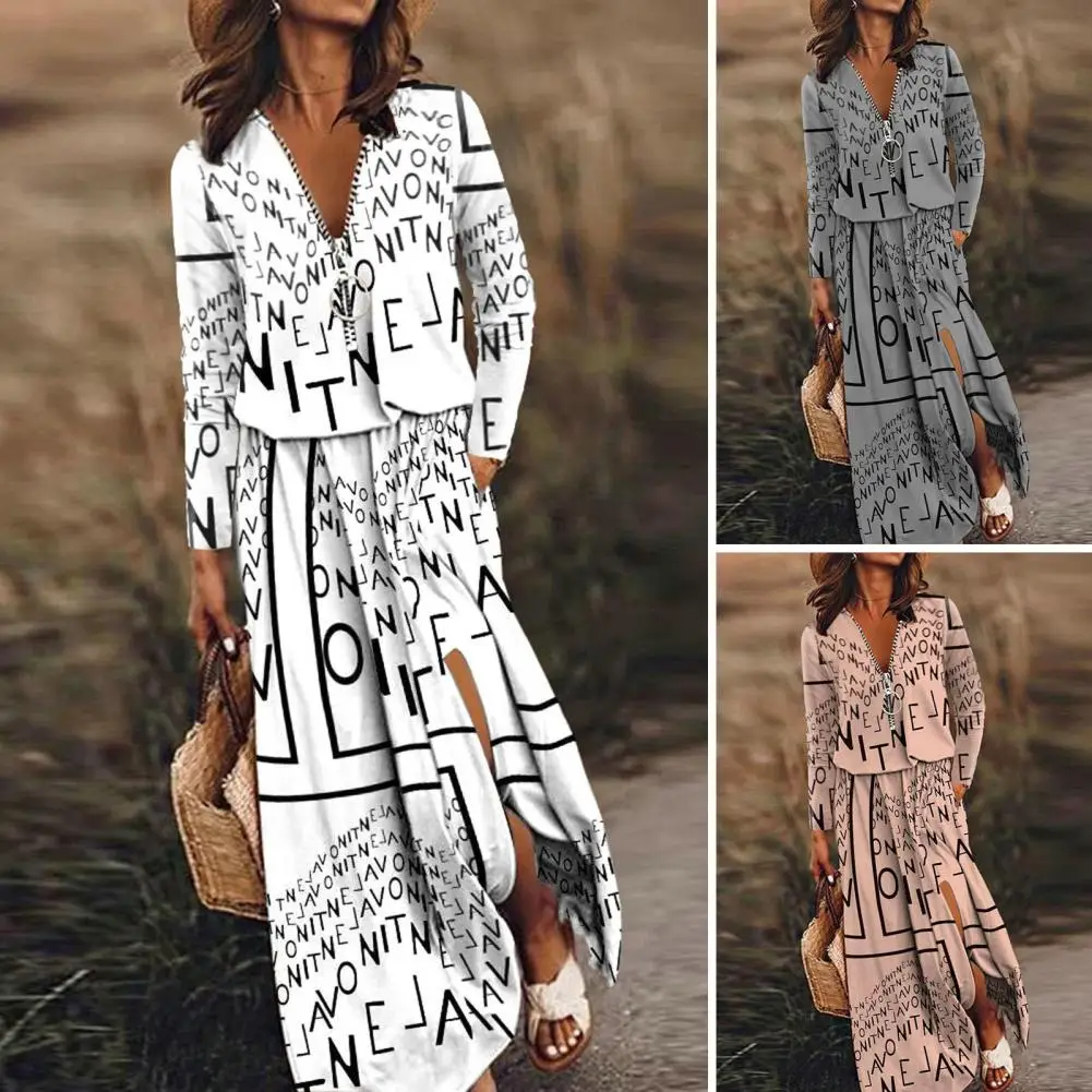 

Women Spring Autumn Dress Elegant Women Maxi Dress Chic Comfortable Women's Maxi Dresses with V-neckline Long Sleeves for Spring